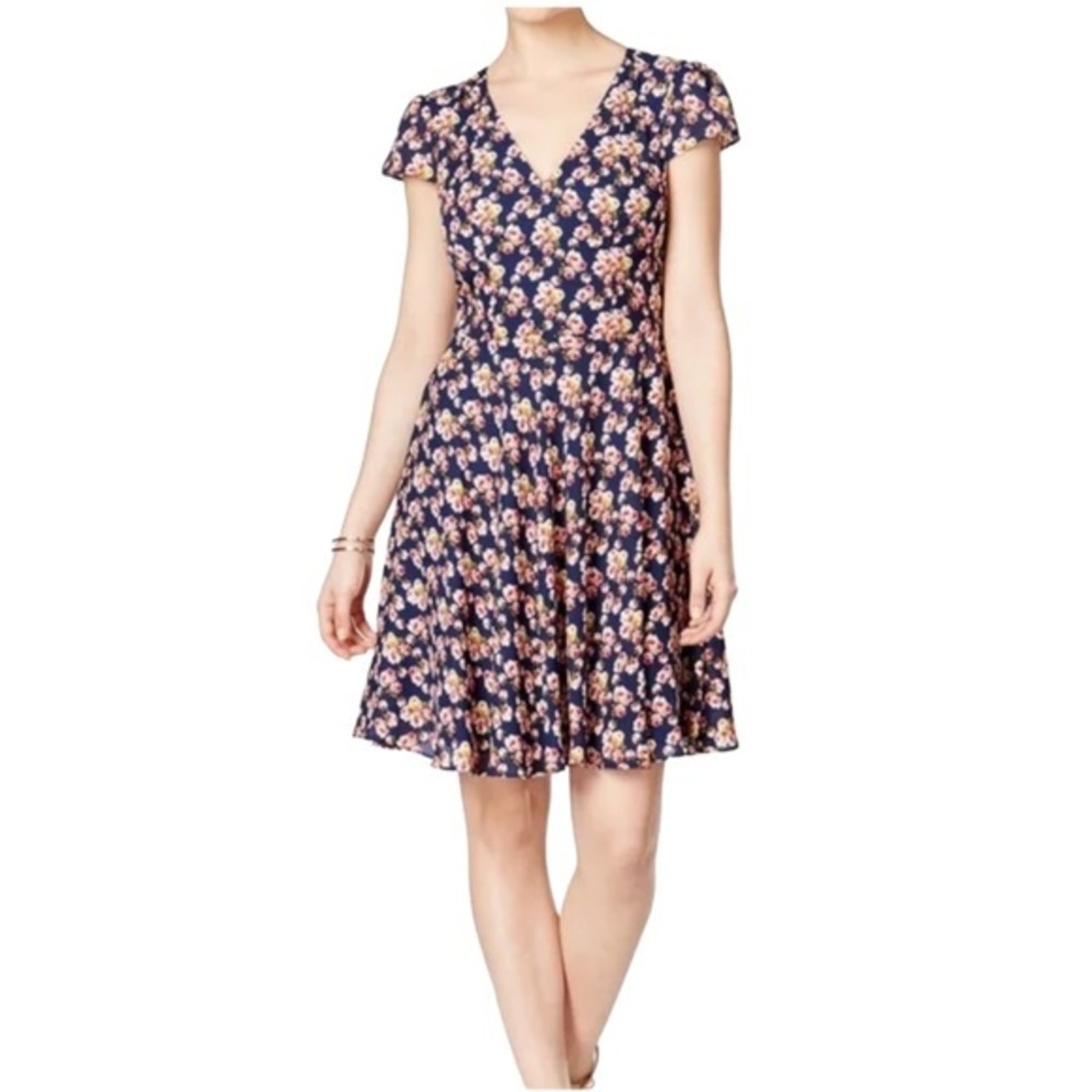 Betsey Johnson Womens Multicolor Floral V Neck Cap‎ Sleeve Fit & Flare Dress 14